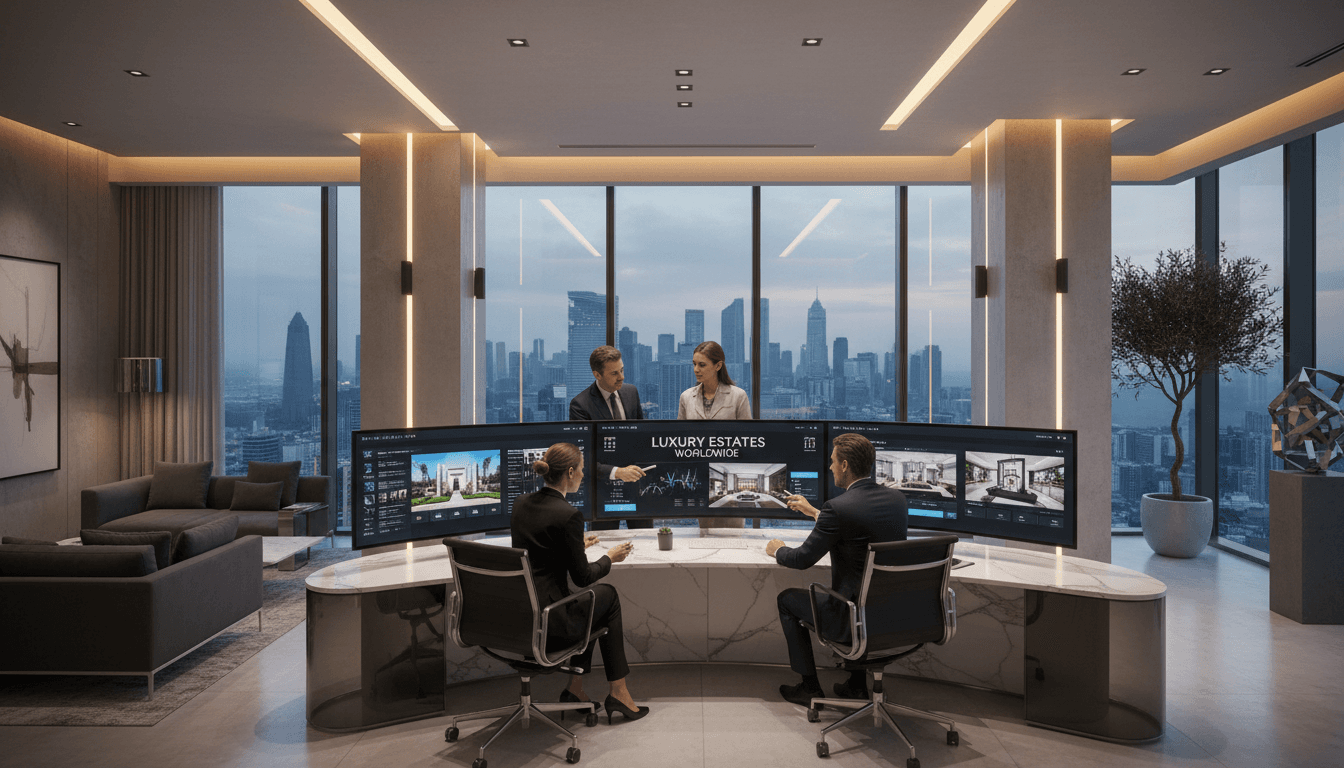 Agence immobilière moderne avec professionnels utilisant une plateforme de gestion des leads sophistiquée