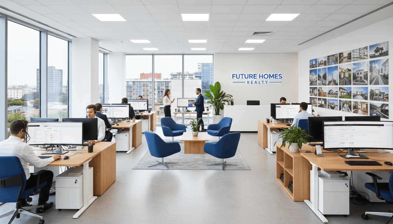 Équipe d'agence immobilière travaillant avec Noe.AI dans un bureau moderne
